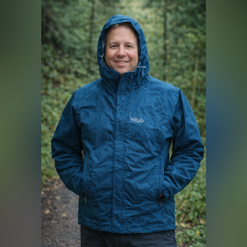 Rab Men's Blue Downpour Eco Waterproof Hooded Raincoat